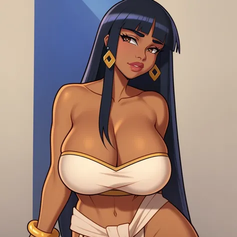 (masterpiece, best quality:1.2), Jakuson Z, Soft Lineart, Soft Shading, Film Grain, 1girl, solo, parted lips, looking at viewer, breasts, bangs, black hair, dynamic pose, closed mouth, huge breasts, mature female, loincloth, tube top, bracelet, full body, ...