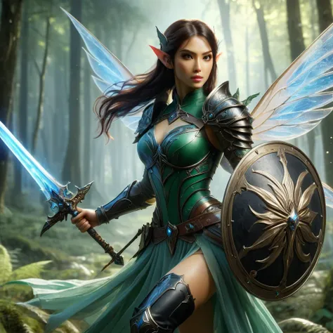 an action shot of a beautiful female fairy wielding a magical sword and shield, beautiful wings, magical forest in background, HD, masterpiece, best quality, hyper detailed, ultra detailed,