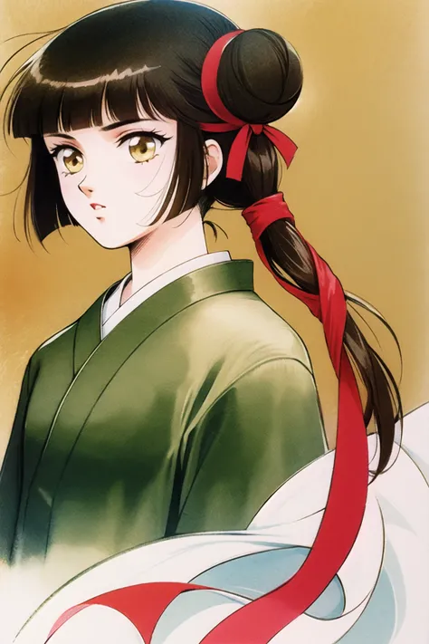 Miyu Yamano, 1girl, ribbon, hime cut, side ponytail, red ribbon, hair ribbon, brown hair, solo, japanese clothes, white kimono, blunt bangs, long hair, bangs, hair bun, single side bun, single hair bun, tress ribbon, yellow eyes, retro artstyle,upbody, wat...