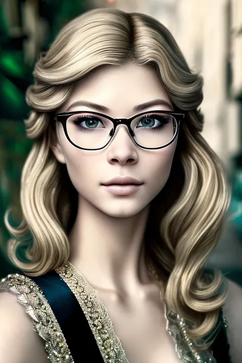 A radiant photography with a remarkably intricate vivid setting portraying a Graceful young lady looking like Olgal3 with glasses, captured by mert alas