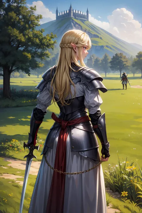 masterpiece:1.2, high quality, best quality, <lora:add_detail:0.8>, ,detailed_background,outdoors,holding sword,full armor,armor,1girl,facing another,height difference,long hair,absurdres,from behind,sword,breastplate,holding,helmet,kalmahul,weapon,the lor...