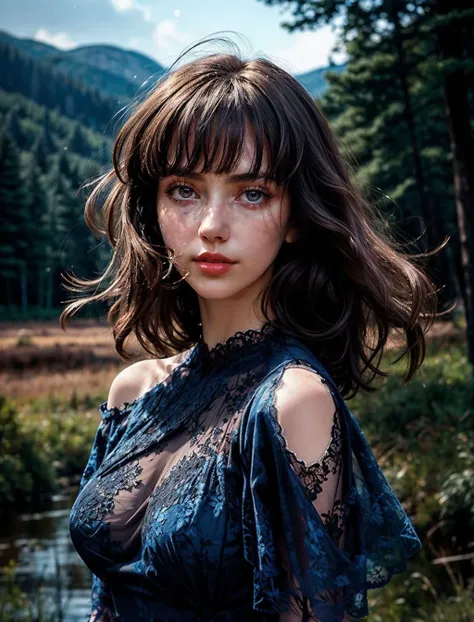 beautiful detailed face, high detailed skin, detailed eyes, medium brunette hair,  almlada, curvy fit 1girl, solo, one shoulder blue lace dress, dynamic pose,  in the wilderness, film grain, Samsung Galaxy, F/5, dark somber scene, shadow play, perfect cont...