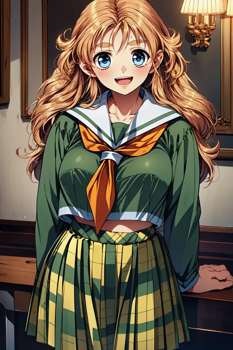 1girl, cowboy shot, smile, open mouth, standing, mansion,
doukoku_norma, blue eyes, thick eyebrows, blonde hair, long hair, school uniform, serafuku, neckerchief, plaid skirt, <lora:doukoku_norma_lora_ver1:0.8>, best quality, masterpiece, highres, <lora:Go...