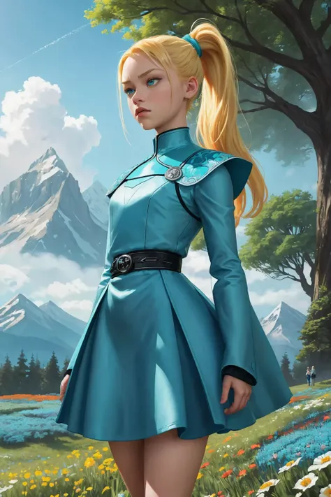 (Style-EMCG:1.5) zrpgstyle, AS-YoungerV2 SashaNobodySD15 medieval child princess teal dress, elaborate, ornate, adventurer cape, (blonde top pony tail:1.1), standing in a tall field of flowers, (foreground flowers:1.2), tree canopy overhead (alpine mountai...