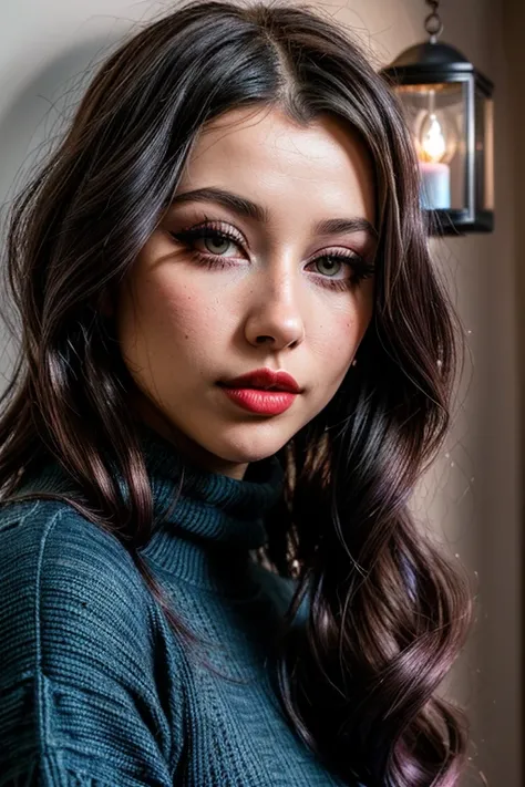 photo of (EPRbyH3xx:0.99), closeup portrait, perfect hair, (modern photo, Turtleneck Aran sweater layered under a slip dress with combat boots), 24mm, (analog, cinematic, film grain:1.3), ((time-traveling trinket repository, wall art/paintings,dresser,fair...