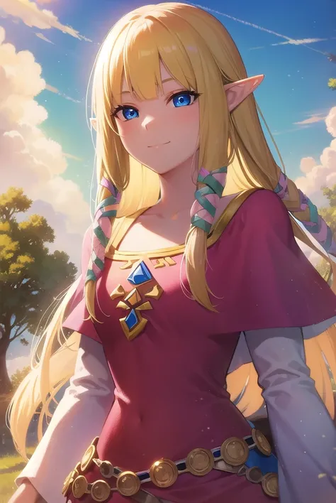 princesszelda, <lora:zelda skyward sword-lora-nochekaiser:1>,
zelda skyward sword, blonde hair, blue eyes, long hair, pointy ears, sidelocks, elf, bangs, blunt bangs, ribbons, hair ribbons, smile,
BREAK belt, cape, dress, long sleeves, (pink dress:1.2), (w...