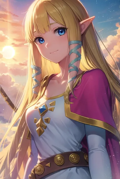 princesszelda, <lora:zelda skyward sword-lora-nochekaiser:1>,
zelda skyward sword, blonde hair, blue eyes, long hair, pointy ears, sidelocks, elf, bangs, blunt bangs, ribbons, hair ribbons, smile,
BREAK belt, cape, dress, long sleeves, (pink dress:1.2), (w...