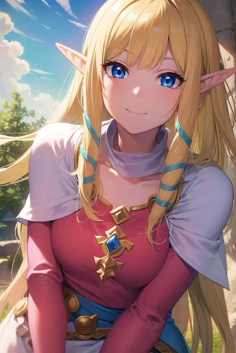 princesszelda, <lora:zelda skyward sword-lora-nochekaiser:1>,
zelda skyward sword, blonde hair, blue eyes, long hair, pointy ears, sidelocks, elf, bangs, blunt bangs, ribbons, hair ribbons, smile,
BREAK belt, cape, dress, long sleeves, (pink dress:1.2), (w...
