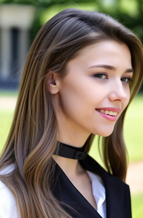 (from side ,profile) photo of a ukrainian woman named milaazul,<lyco:mila azul_V1:0.85>,Wearing a black collar,Face close-up,photorealistic, happy smile,teeth,long hair, best quality and best aesthetic and (photorealistic:1.4) and (Realistic:1.4) and Detai...