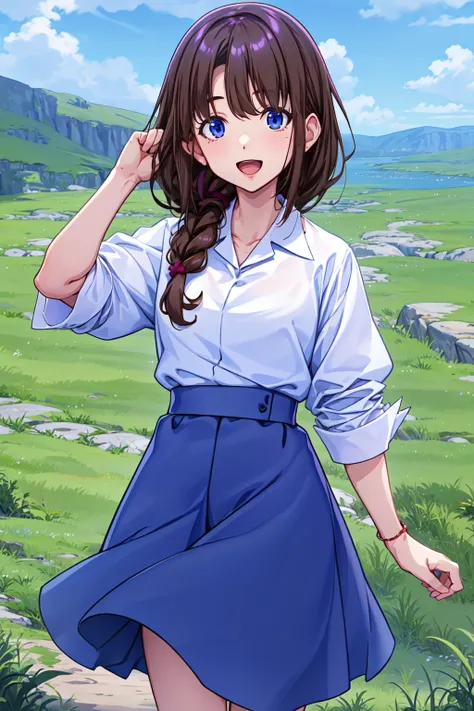 1girl, field, cowboy shot, smile, open mouth, 
tantei1_ayumi, blue eyes, brown hair, long hair, bangs, single braid, hair over shoulder, hair scrunchie, white shirt, blue skirt, <lora:tantei1_ayumi_lora_ver1:0.7>, best quality, masterpiece, highres, <lora:...