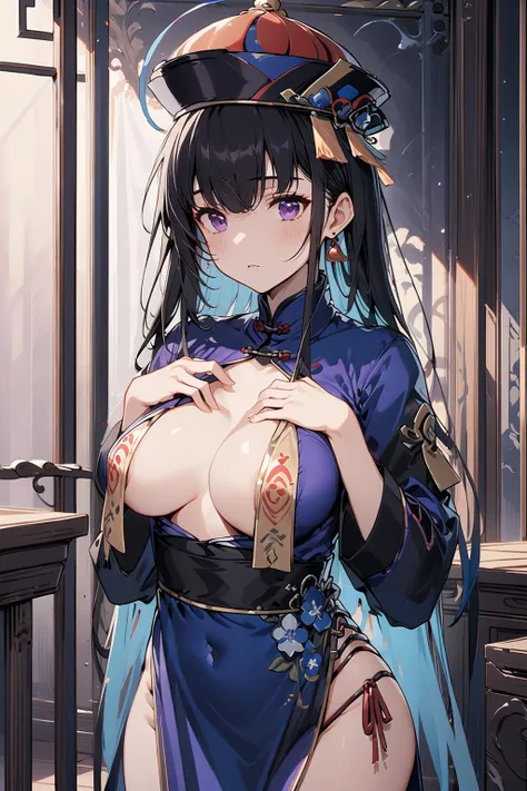 jiangshi, qing_guanmao, breast curtains, ofunda on chests, no bra, china dress, cleavage, <lora:EroticJiangshiCostumeV3:1>, 1girl, solo, masterpiece, best quality, selena, black hair, multicolored hair, bangs, long hair, purple eyes, expressionless, standi...