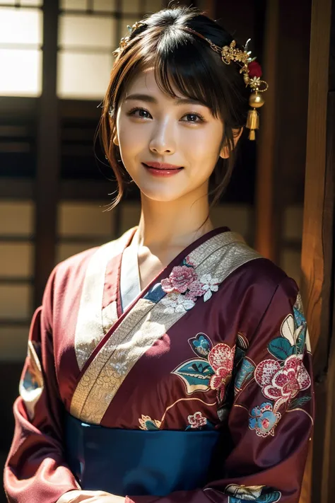 (realistic), (hyperrealism),best quality, masterpiece,ultra high res, (photorealistic:1.4),1girl, japanese temple, japanese kimono, hair ornament, (grin:0.8),
upper body,<lora:makina69_hamabeminami_v2.0:1>