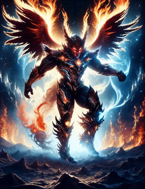 digital art, semi realistic hyper detailed masterpiece, dynamic, awesome quality,DonMSn0wM4g1c, ifrit, large supernatural being, fiery smoky appearance, humanoid shape, muscular build, emanating flames and smoke from body, flaming eyes and facial features,...