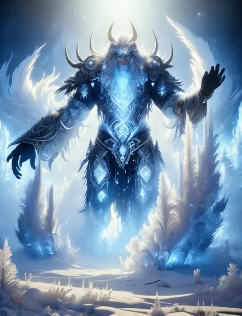 digital art, semi realistic hyper detailed masterpiece, dynamic, awesome quality,DonMSn0wM4g1c, male jötun, jötun,powerful ancient supernatural entity, primal volatile, colossal, conflict, , <lora:DonMSn0wM4g1cv2-000008:1>