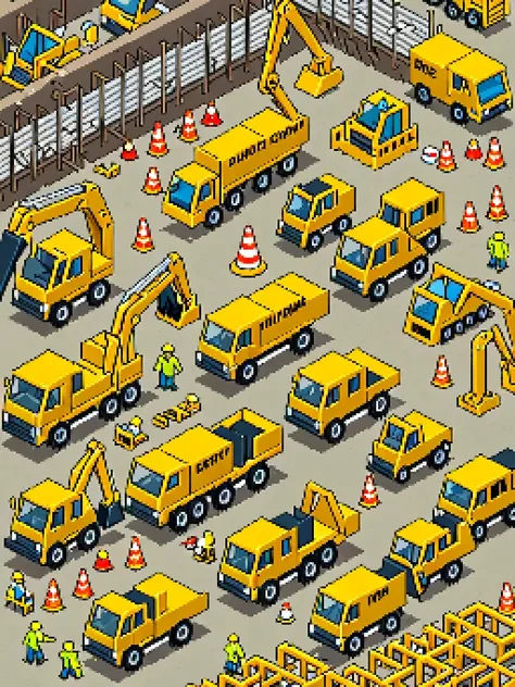 highly detailed isometric pixel art of the construction site with yellow construction vehicles, eboy style <lora:Eboy_Pixelart_Style_XL>