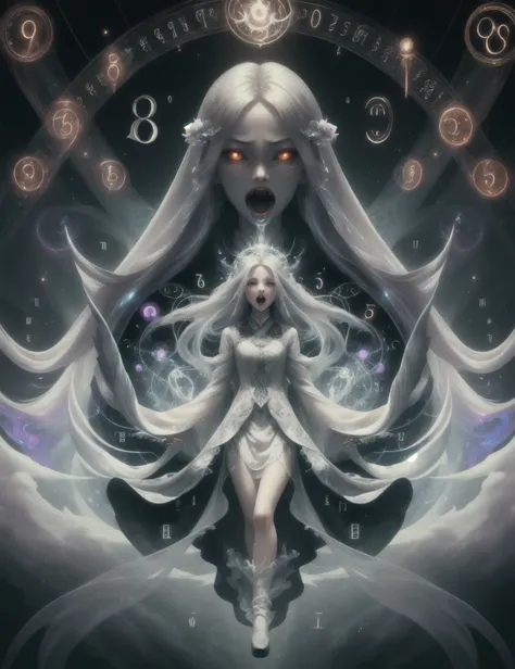 hyper detailed masterpiece, dynamic, awesome quality,math magic, (numbers and symbols:1.3), fenghuang, transluscent ethereal otherworldly unnatural nebulous incorporeal phantasmal nebulous vaporous phantasmal ghostly soul specter, long flowing silver hair,...