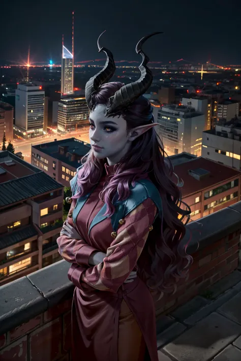 ((ultra detailed, masterpiece, best quality))
<lora:BGAlfira:0.8>
BGAlfira, long hair, colored skin, horns, demon girl, Within an urban rooftop garden at twilight, confident standing pose, city skyline bathed in city lights providing a cinematic atmosphere