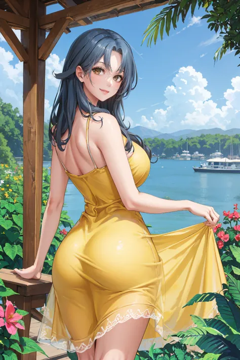 masterpiece, best quality,  <lora:chkalov-nvwls-v1-000009:0.8> chkalov, brown eyes, blue hair, (yellow sundress:1.4), garden, looking at viewer, from behind, smile, large breasts