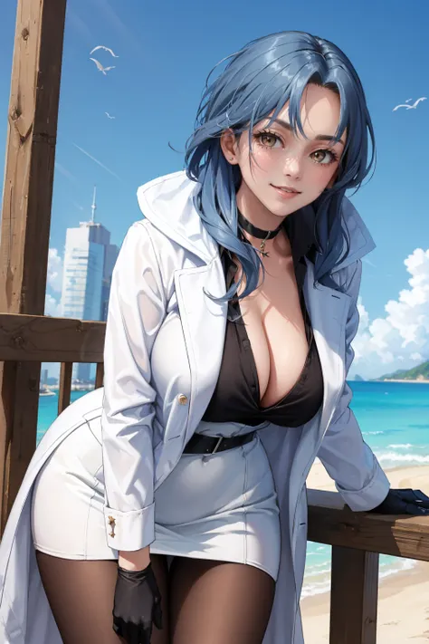 masterpiece, best quality,  <lora:chkalov-nvwls-v1-000009:0.8> chkalov, brown eyes, choker, labcoat, black shirt, cleavage, white skirt, belt, black gloves, pantyhose, large breasts, looking at viewer, furrowed brow, smile, ocean, cityscape, cowboy shot, l...