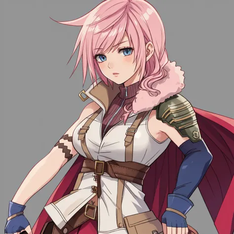 (single shot, shoot from front, caustic background)
BREAK
<lora:ffxiii_lightning:1> lightning farron, sleeveless, shoulder armor, cape, skirt, fingerless gloves, pink hair, delicate face, (beautiful, cute, fluffy:1.2)