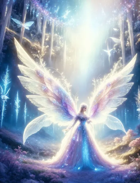 digital art, semi realistic hyper detailed masterpiece, dynamic, awesome quality,DonMSn0wM4g1c, female fairy, enchanting ethereal creature, beauty, nature, protectors creatures, sacred places, 1 to 2 feet tall, delicate wings, delicate wings, flit through...