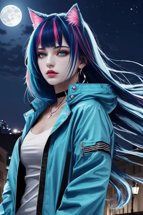 (1girl, solo:1.4), (multicolored hair:1.2), (blue hair:1.2), long hair, streaked hair, halo, looking at viewer, animal ears, green eyes, earring, blue jacket, choker, upper body, floating hair, open jacket
night, full moon, outdoors