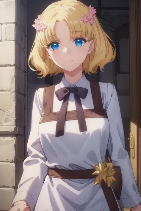 mariacampbell, <lora:maria campbell s2-lora-nochekaiser:1>,
maria campbell, short hair, blue eyes, blonde hair, hair ornament, flower, hair flower, (parted bangs:1.5), smile,
BREAK shirt, long sleeves, dress, bow, white shirt, belt, bowtie, pink dress,
BRE...