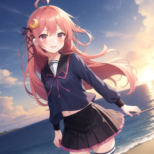 ((masterpiece)),(best quality),official art,extremely detailed CG,unity 8k wallpaper,ultra detailed,A lighthouse on a cliff by the sea,1girl,solo,cowboy shot,very_long_hair,school_uniform,skirt,serafuku,rabbit_hair_ornament,crescent_hair_ornament,low-tied_...