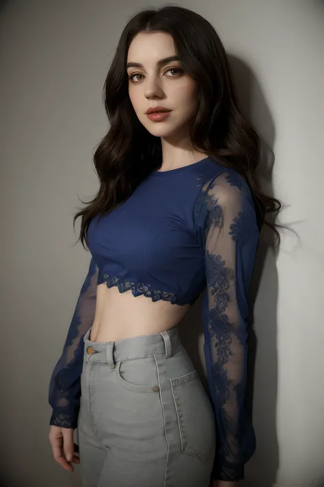 adelaide_kane wearing long sleeve lacy blue crop top, long wavy hair, eyeliner, lipstick,
upper body portrait, gray wall background, soft lighting,
<lora:AdelaideKane_Ultra:0.8>