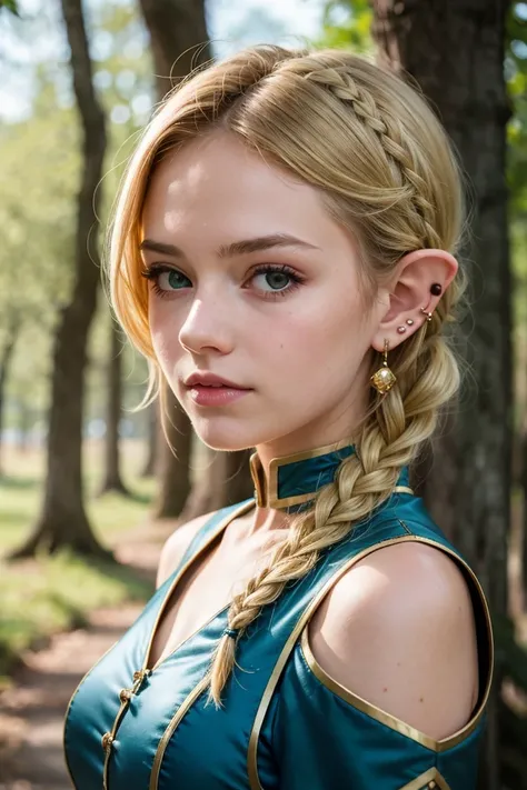 portrait of european girl,cute and beautiful face,elf,pointy ears,ear piercing,short french braid,blonde hair, blue armored dress,fantasy,forest, looking at viewer, shallow depth of field, sharp focus, cinematic lighting