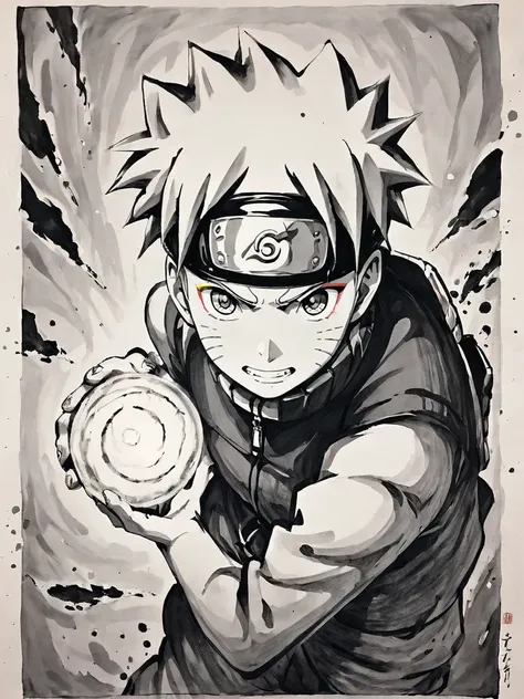 <lora:xl_shuimo-000012:1>,ink wash painting style,1boy,male focus,solo,forehead protector,monochrome,uzumaki naruto,ninja,konohagakure symbol,spot color,traditional media,greyscale,whisker markings,grin,looking at viewer,energy ball,smile,spiked hair,holdi...