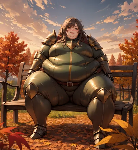 <lora:SyModel-2-0-lyco-extract:1>
(high_aesthetic:1.2),
autumn, autumn leaves, sunset, 
(brown bodysuit), red trim, armor, shoulder armor, hip armor, gauntlets, belt, multiple belts, chainmail, 
(immobile), (gigantic_hips), (pear_shaped_body), medium breas...