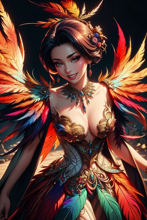 ((Masterpiece, best quality,edgQuality)),smiling,excited, 1girl,solo,standing,posing
a woman in a colorful dress with feathers ,wearing edgPlume_(feather robe)
 <lora:edgPlume:0.77>