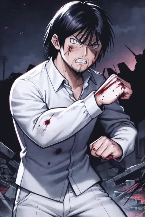 <lora:Akira_LoRA_AdamW_Dim64_Alpha32_1e-4_12batch_CosineAnnealingLR_NAI-000034:1>, akira_miyamoto, 1boy, black hair, short hair, white pupils, stubble, long sleeves, white shirt, pants, angry, clenched teeth, blood on face, standing, fighting stance, looki...