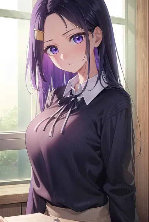 sayuriakino, <lora:sayuri akino manga-lora-nochekaiser:1>,
sayuri akino, long hair, hair ornament, hairclip, purple hair, (purple eyes:1.1), (forehead:1.2),
BREAK shirt, white shirt, collared shirt, sweater, black sweater,
BREAK indoors, classroom,
BREAK l...