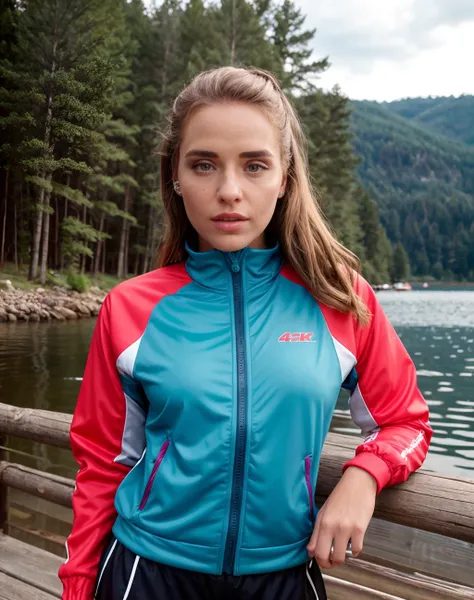 (realistic, photorealistic), cinematic photo  realistic, <lora:quiron_SofiGoldfinger_v1_lora:0.87> SofiGoldfingerQuiron woman wearing  track jacket, track pants, sneakers with neon accents, wristbands,  80s style Summer Camp, A rustic summer camp with cabi...