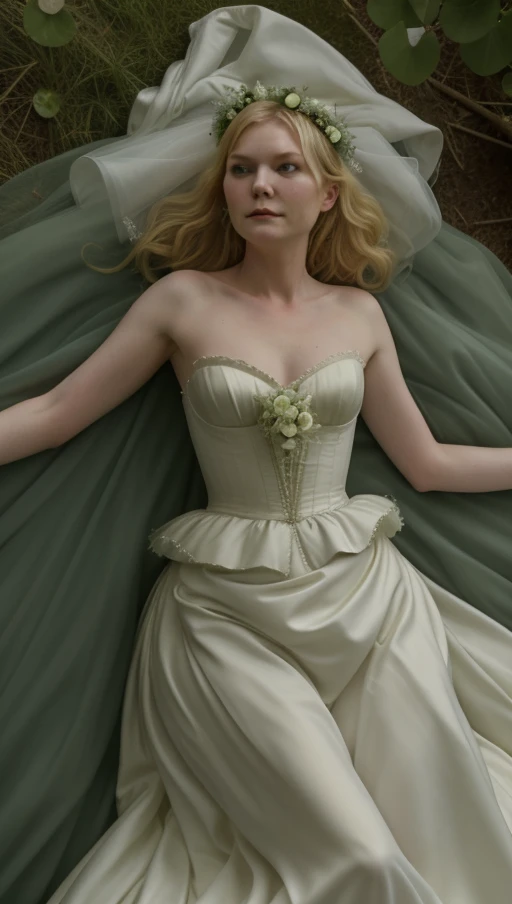 kirsten dunst wearing a wedding dress and lying down in a swamp, (mantoinette1:0.8), green pond, lily pads