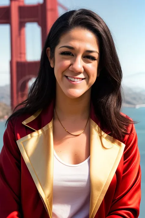 a photoshoot of Bayl3y, a beautiful woman, outside, closeup, red&gold satin jacket, fun, golden gate bridge, san francisco