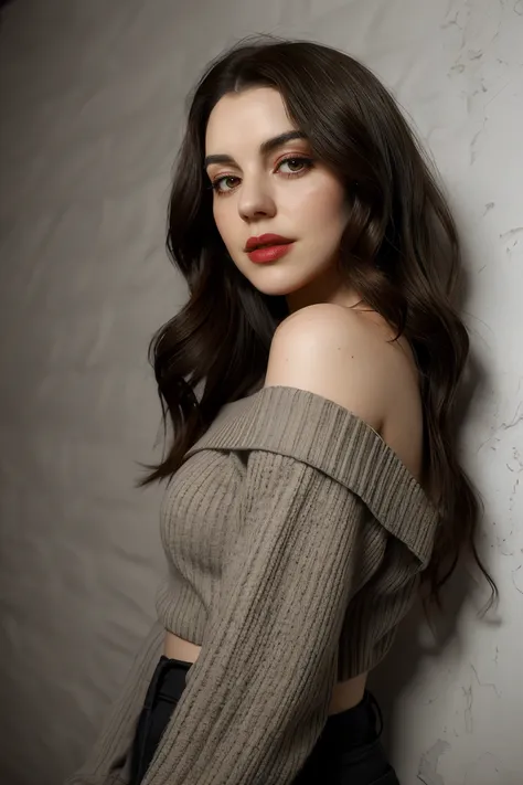 adelaide_kane wearing off shoulder red sweater, long wavy hair, eyeliner, lipstick,
upper body portrait, gray wall background, soft lighting,
<lora:AdelaideKane_Ultra:0.8>