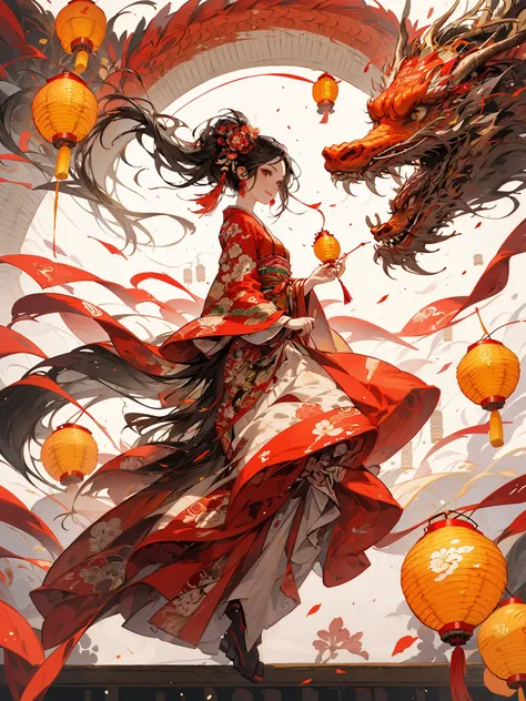 ink,HEZI,Chinese New Year elements,Oriental Dragon and Maiden,Chinese Knot,wallpaper,HD,flat illustration,flat illustration,best quality,masterpiece,(Lanterns in the background:1.5),looking at viewer,female focus,black hair,red skirt,Hanfu,profile,Night Ma...