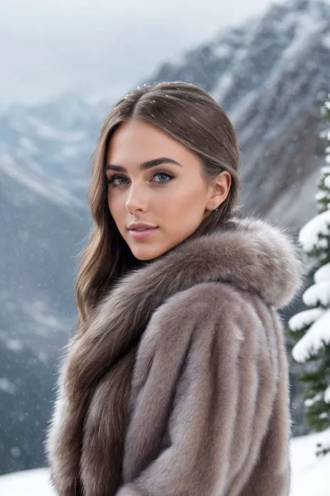 photo of S258_IsabellaLeeb,a stunning woman,on a (snowy-mountain:1.1),wearing a (fur-coat:1.1),(4k, RAW photo, best quality, depth of field, ultra high res:1.1),(absurdres, intricate, photorealistic, masterpiece, ultra-detailed:1.2),