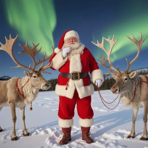 <lora:SDXL_Christmas_Sa_May:1> Christmas, a santa claus is standing in the snow with a reindeer, aurora borealis