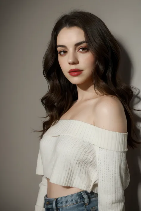 adelaide_kane wearing off shoulder red sweater, long wavy hair, eyeliner, lipstick,
upper body portrait, gray wall background, soft lighting,
<lora:AdelaideKane_Ultra:0.8>