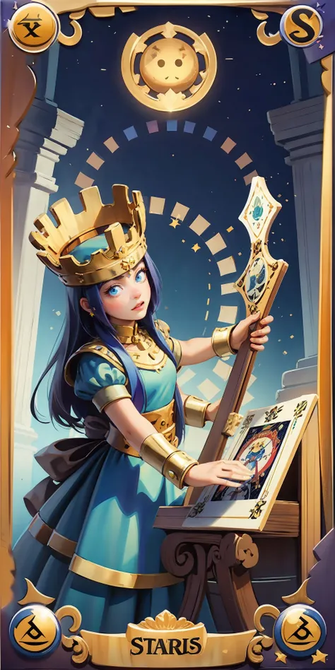 concept art,tarot cards,border,European pattern,1girl,solo,long hair,roman numerals,crown,stars (symbols),blue eyes,dress,looking at the audience,jewelry,<lora:æ¬§ç¾æ¸¸æå¡éç¾å®£2:0.6>,