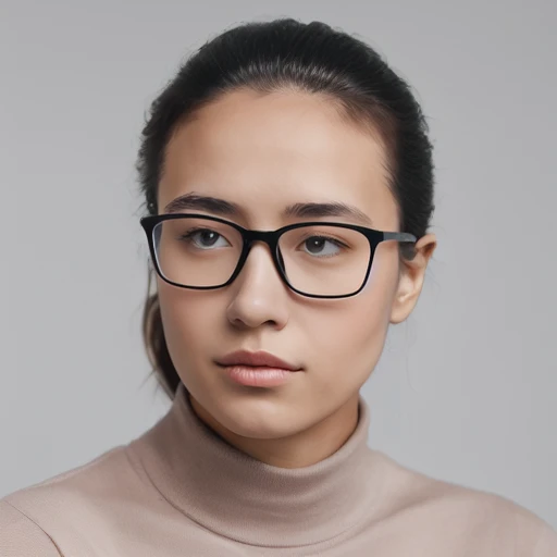 a young female, portrait, black-framed eyewear, simple background