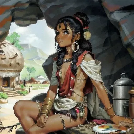 Beautiful female Indian, painting the walls of a cave., Drawing in the style of Pierre Joubert