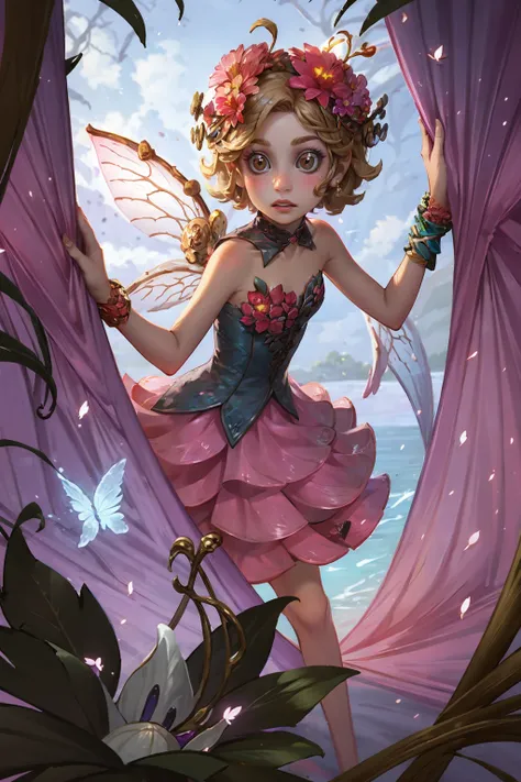 HEZI,the fifth personality,1girl,solo,flower,hair ornament,dress,hair flower,bare shoulders,wings,looking at viewer,curtains,parted lips,blonde hair,monster girl,short hair,teeth,pink dress,leaf,eyelashes,plant,bangs,brown hair,lips,strapless dress,tree,st...