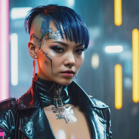 <lora:sdxl_cyberpunk_girl_v5_25000_lora_f16:1.0> Cybergirl, close_up shot photo of piercings East Asian Cybergirl, colorful punk style, shaved hair, sharp background, water, particles, reflections, refraction, 4k