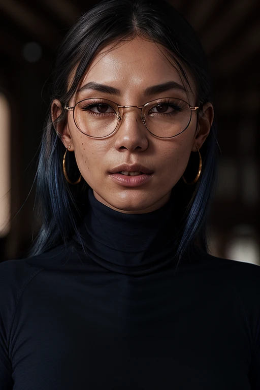 photo of extremely sexy (thando-500:0.99), as a sexy young student, (wearing big round glasses:1.1), closeup portrait upsweep updo, (blue tight long sleeve turtleneck top:1.5), at a cantina sitting bar (masterpiece:1.5) (photorealistic:1.1) (best quality) ...