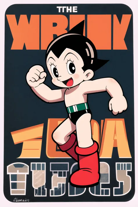 Mighty Atom, solo, black hair, male focus, 1boy, smile, boots, open mouth, standing, full body, black eyes, red footwear, hand on hip, android, :d, belt, joints, looking at viewer, parody, short hair,<lora:Tezuka Osamu:0.8>